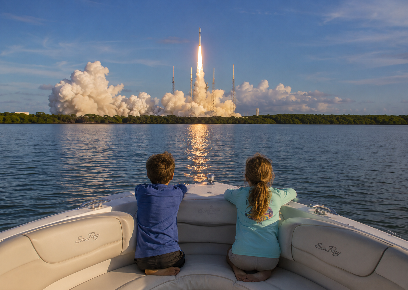 Kids watching a rocket launch from the bow of Captain Pete's boat on the Indian River Lagoon
