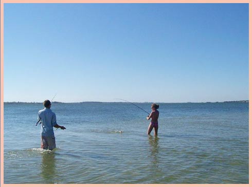 Two guests wading in calm water under an expansive blue sky